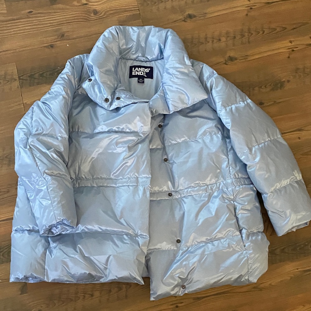 Lands' End Womens Size 2XL Shiny Sky Blue Quilted Puffer Coat